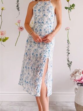 MINKPINK Blue Floral Lace Midi Dress